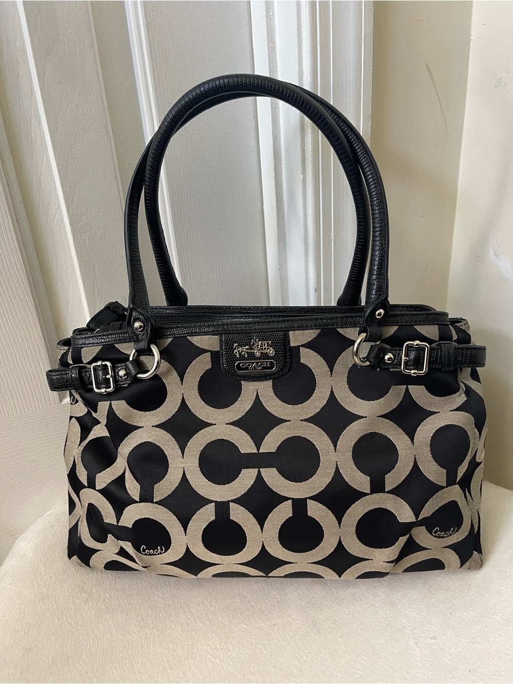 Coach Madison Op Art Sateen Sophia Black Signature Tote